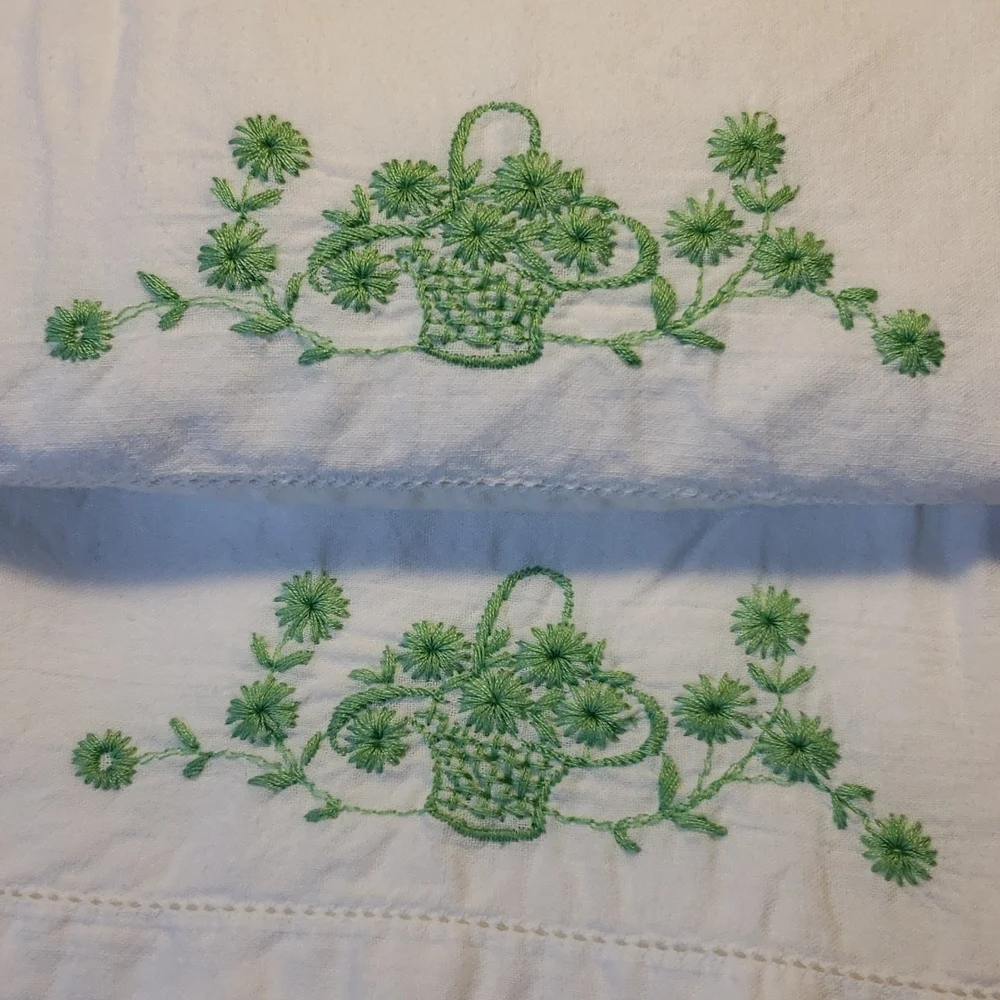 Vintage Hand Crafted Embroidered Floral Pillowcases Set of 2